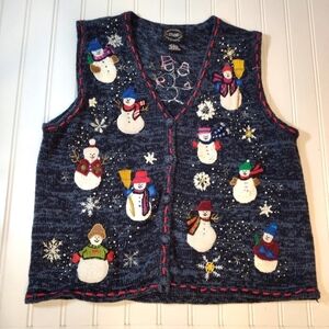 Designers Studio Originals women's navy blue snow men's Christmas vest size (P/P